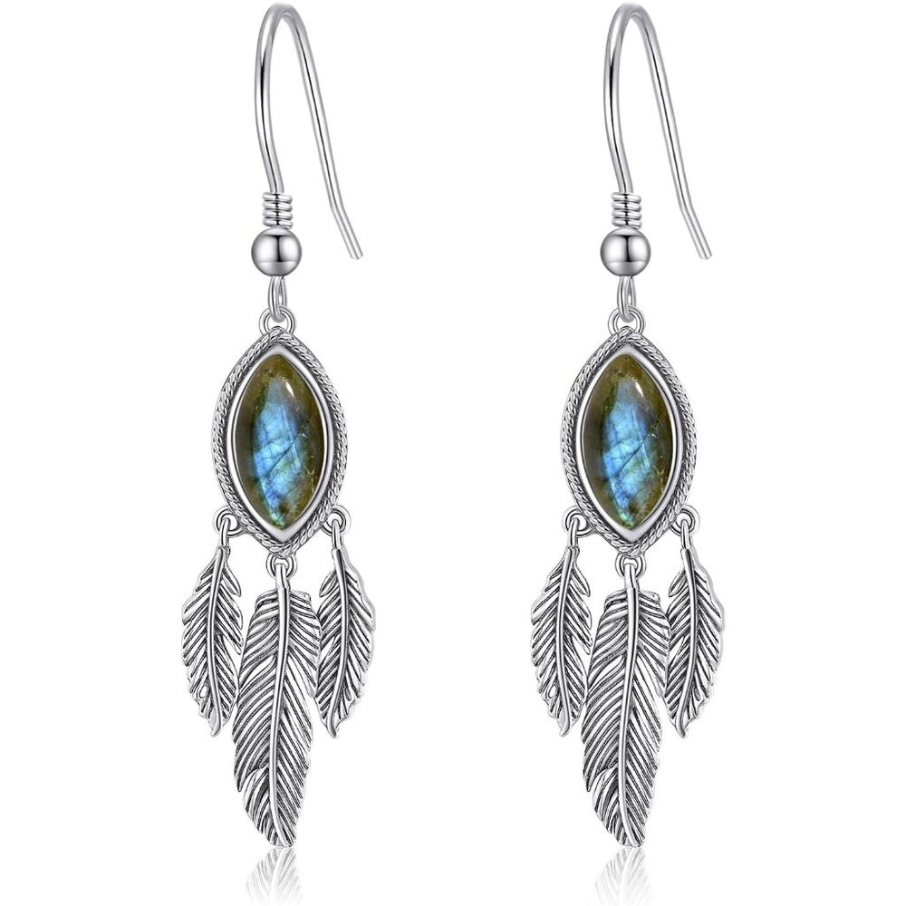 Unique Feather Dangle Earrings In Sterling Silver With Stunning Labradorite Gem